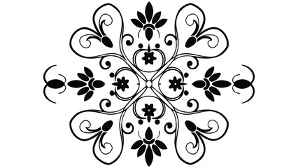 A symmetrical floral design with swirling lines and stylized flowers in a black and white illustration
