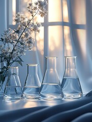 Monochromatic Laboratory Scene with Focused Glass Vial and Shelved Reports