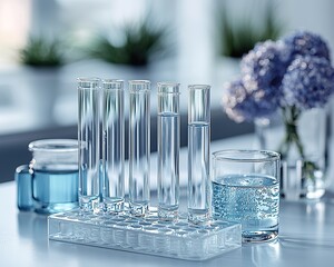 Monochromatic Laboratory Scene with Focused Glass Vial and Shelved Reports