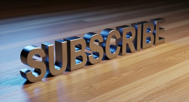 Metallic Subscribe Text on Wooden Surface: Modern Digital Marketing Concept for Online Engagement and Audience Growth