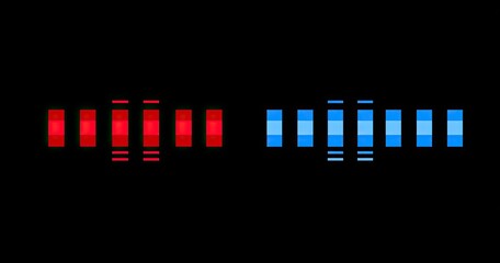 Two horizontal rows of pixelated bars in red and blue against a black background.  Each row features repeating rectangular shapes,  creating a visual representation of data or sound waves