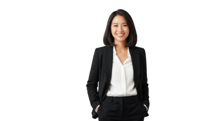 Asian businesswoman in black suit smiling, isolated on transparent background