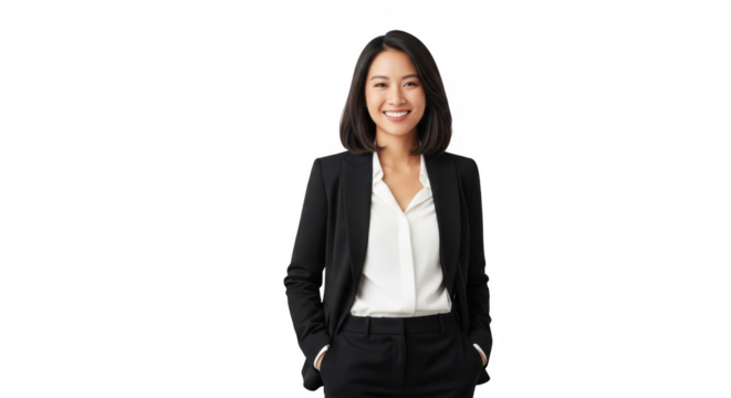 Asian businesswoman in black suit smiling, isolated on transparent background