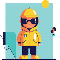 Stylized Cartoon Character in Yellow Jacket and Sunglasses Standing.