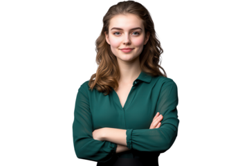 Confident young woman with wavy brown hair stands with arms crossed displaying self-assuredness in a studio setting during bright daylight hours