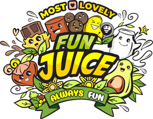 Colorful doodle art vector featuring cute fruits, milk, and chocolate in a cheerful, refreshing juice theme, perfect for fun and playful design projects.