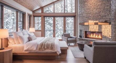 Obraz premium Luxury Winter Bedroom Retreat with Fireplace and Snowy Mountain View Offers Relaxation