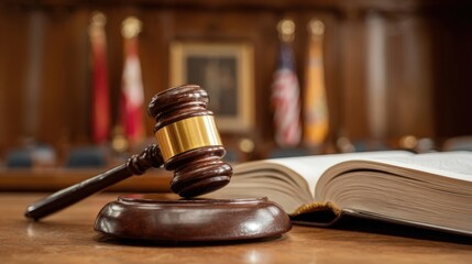 Law Gavel on Wooden Desk with Open Book, Symbolizing Justice, Courtroom, and Legal System