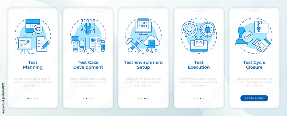Poster software testing blue onboarding mobile app screen. strategy, planning. walkthrough 5 steps editable