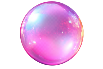 Colorful bubble gum bubble floats alone on a transparent background, showcasing vibrant pink hues and reflective surfaces that catch light beautifully
