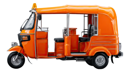Tuk-Tuk Vehicle: A vibrant and iconic orange tuk-tuk, a symbol of urban mobility and culture, stands in photorealistic detail, ready for a city adventure.