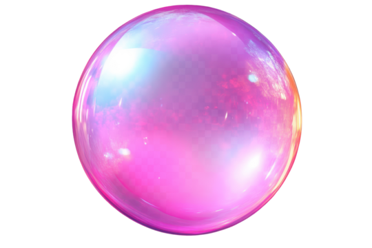 Colorful bubble gum bubble floats alone on a transparent background, showcasing vibrant pink hues and reflective surfaces that catch light beautifully
