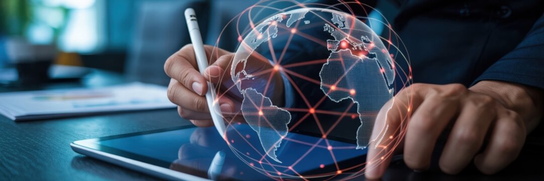Global Business - A businessman using a digital pen on a tablet, with an overlay of a glowing wireframe world globe, for international data analysis - Powered by Adobe