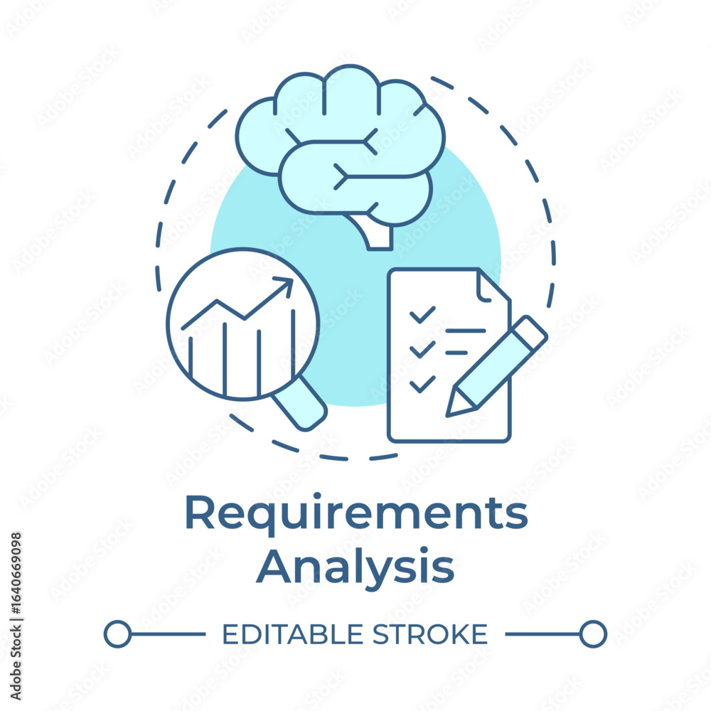 Poster requirements analysis soft blue concept icon. task list, brainstorm. statistical graph, metric. roun