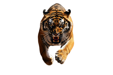 Angry tiger charging towards camera through a cloud of dust showcasing its fierce expression in a dramatic display of power and agility