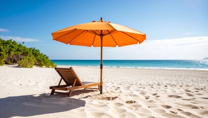 Idyllic beach scene with an orange parasol and a recliner on a sandy beach, ideal for summer getaway imagery and coastal living themes.