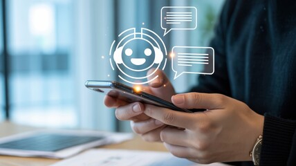 AI Chatbot - A person holding a smartphone with a glowing, smiling chatbot icon and chat bubbles, symbolizing online support and communication