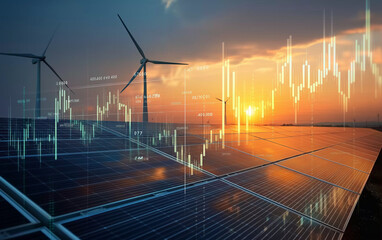 A photorealistic depiction of solar panels with stock market charts and green energy symbols, set against the backdrop of wind turbines under a clear sky at sunrise.