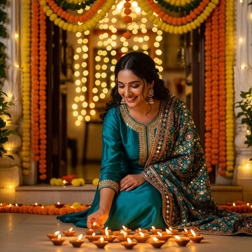 Young Indian woman wearing silk kurti lighting clay diyas outside decorated urban house during Diwali night