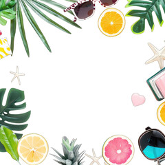 Tropical summer frame with citrus fruits, sunglasses, and plants