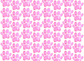Pattern of pet paw prints. Arranged in checkerboard pattern. Different shades of pink. Dots texture. Each paw has gradient. Children's wallpaper, cover, wrapper. New born, Baby Shower, gender party.