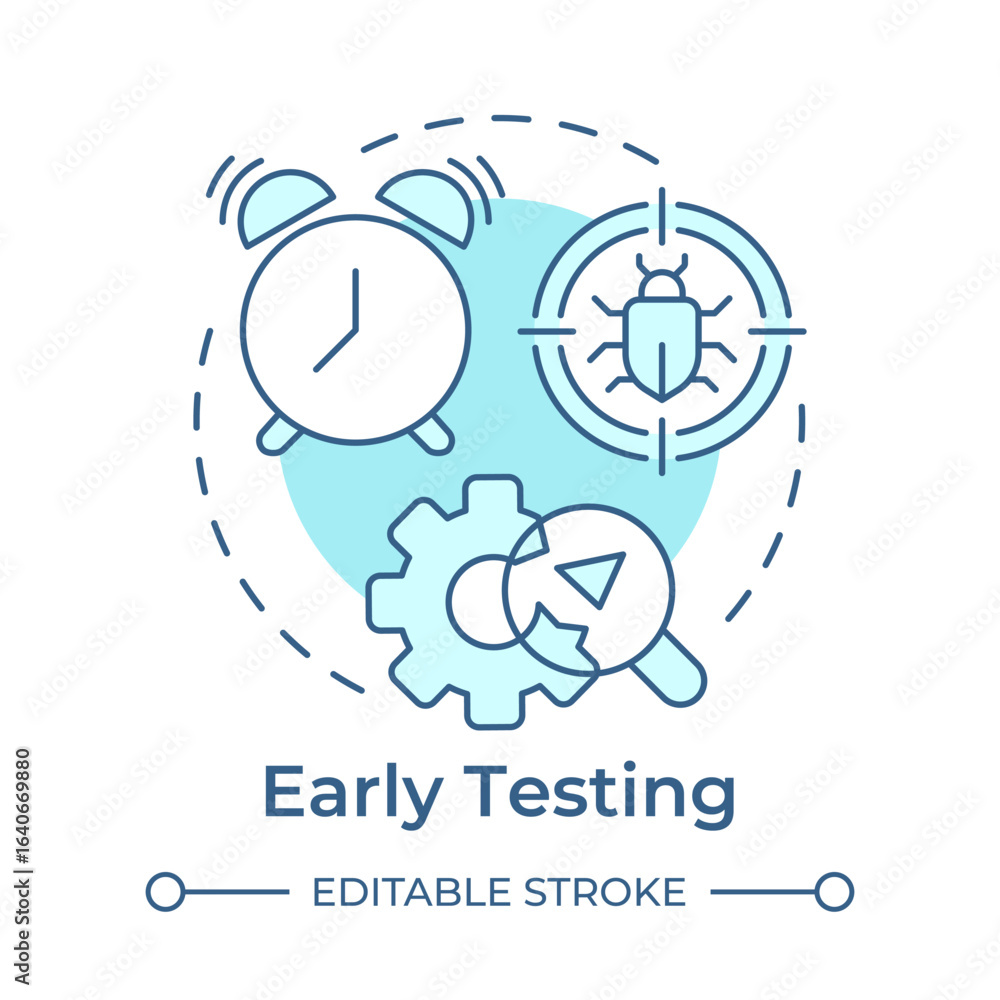 Poster early testing soft blue concept icon. bug analysis, tracking. software engineering. round shape line