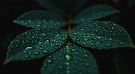Close up of dark green leaves covered in water droplets in a dark and moody setting
