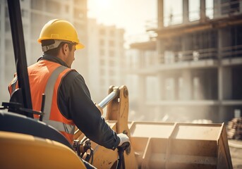 Skilled heavy equipment operator in a safety vest working on a front loader at a construction site