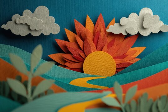 Paper cutout sunrise over rolling hills with clouds