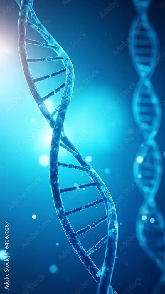 Poster detailed 3d rendering of double helix dna structure with blue hues and glowing highlights on soft bl