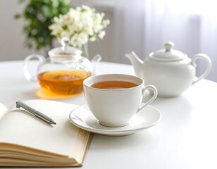 A relaxing tea break scene with a cup of tea, teapot, open notebook, and pen on a white table