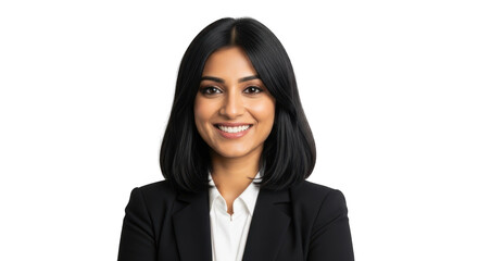 Professional woman in black suit smiling isolated on transparent background