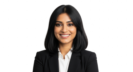 Professional woman in black suit smiling isolated on transparent background