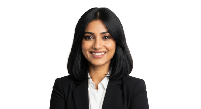 Professional woman in black suit smiling isolated on transparent background