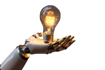 Ai robot hand holds glowing lightbulb showcasing future technology and innovation in an isolated setting with a transparent background