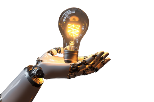 Ai robot hand holds glowing lightbulb showcasing future technology and innovation in an isolated setting with a transparent background