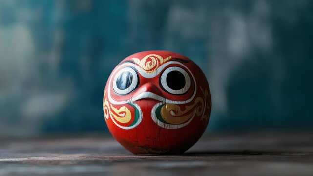 Traditional Daruma doll with intricate design on wooden surface
