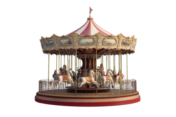 Colorful carousel with horse-shaped rides against a transparent background for creative design use and festive themes