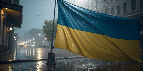 Ukrainian flag waves in the rain city streets photographic capture urban environment dynamic viewpoint