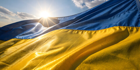 Uplifting ukrainian flag waves in the breeze scenic landscape vibrant sunlight inspirational viewpoint
