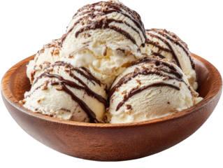 Creamy scoops of vanilla ice cream, drizzled with chocolate, in a wooden bowl