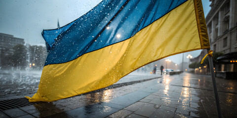 Uplifting ukrainian flag wave amid rain urban landscape photo atmospheric mood close-up resilience