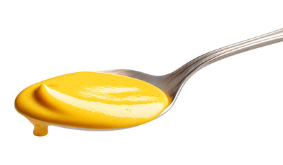 yellow mustard sauce stemming from the top of an empty silver spoon isolated on a transparent background