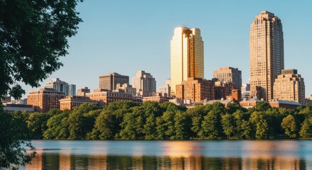 Obraz premium Urban Skyline Reflecting on Calm Waters: A Cityscape of Modern Architecture and Natural Beauty