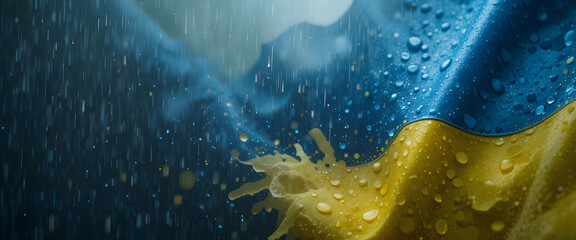 Rain-soaked ukrainian flag outdoor setting photography dramatic atmosphere close-up symbol of resilience