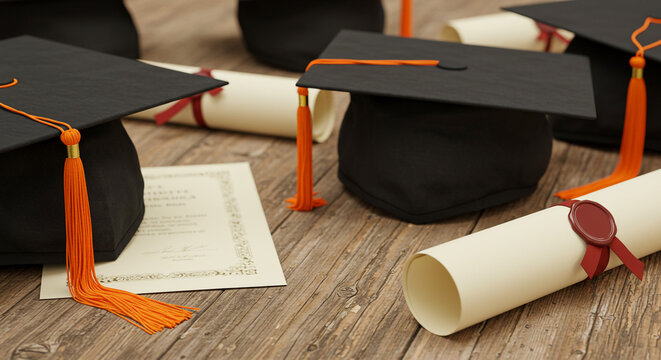 Graduation caps and diplomas scattered on a wooden surface, celebrating academic success