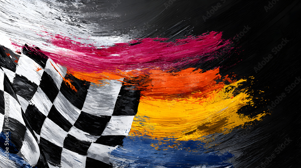 Poster abstract checkered racing flag background with dynamic paint strokes.