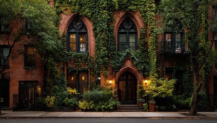 Urban facade, brick building, overgrown with ivy