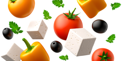 Colorful flying vegetables, tomatoes and yellow peppers with feta cheese cubes and black olives isolated on a transparent background
