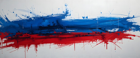 Dynamic abstract art displaying bold blue and red splashes gallery exhibition modern art vibrant atmosphere eye-level view